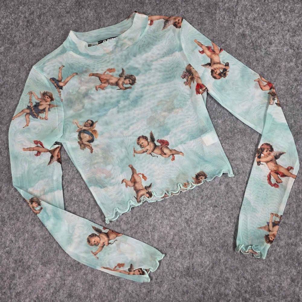 G Mini USA Mesh Top Blue Cherub Angel Cloud Lettuce Edge Long Sleeve Y2K Medium